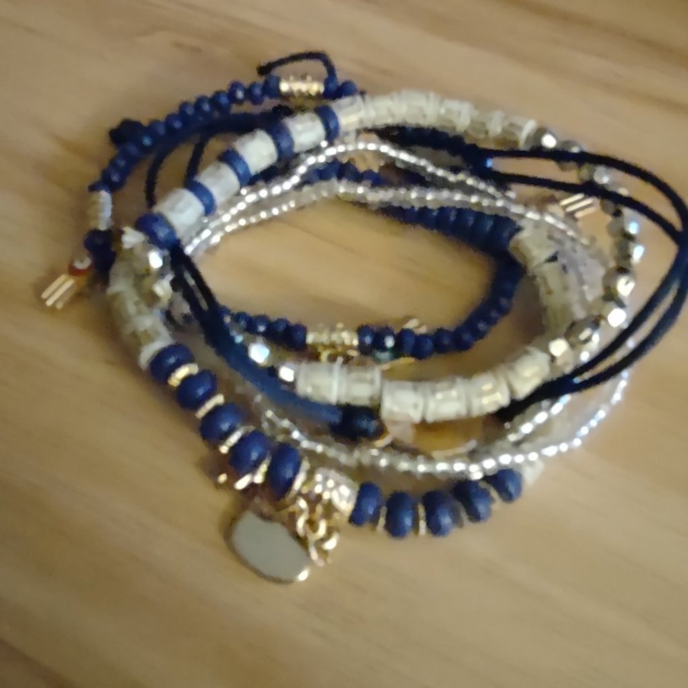 Navy blue multi-strand (6) bracelet with beads and hamsa hand charm